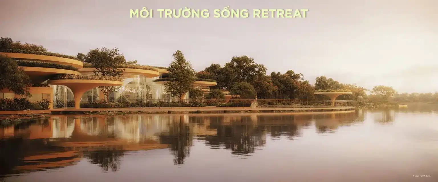 Kiến trúc độc đáo của khu tiện ích công cộng tại Eco Retreat với thiết kế hữu cơ, mái vòm hình tròn phủ cây xanh hòa hợp với mặt nước